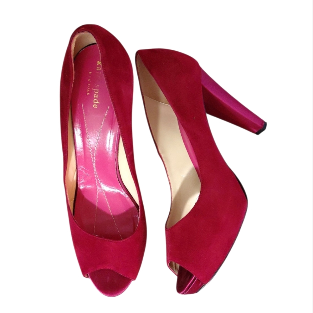 Kate Spade Georgia Ruby Red Suede Pumps Size 10.5 Peep Toe Satin Heels